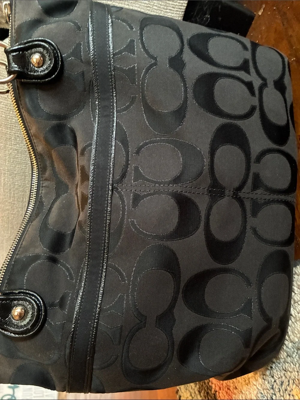 Coach Black Signature Jacquard Shoulder Tote with Tan Leather Tag